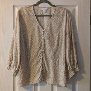 Liz Claiborne Cream White Geometric Soft Cottagecore Button Down XL